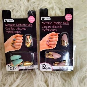 B*Color pack of 2 gold pink green metallic stiletto false nails NWT